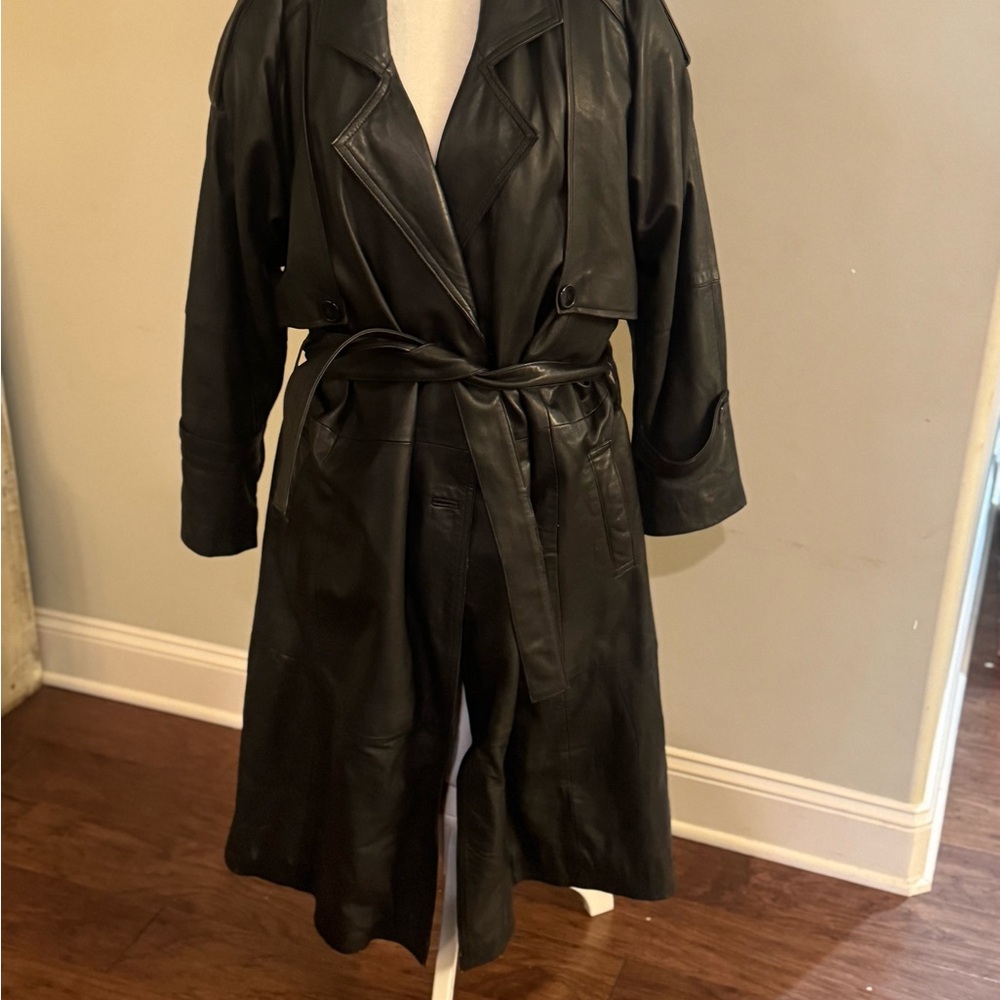 Elegant Black Leather Trench Coat